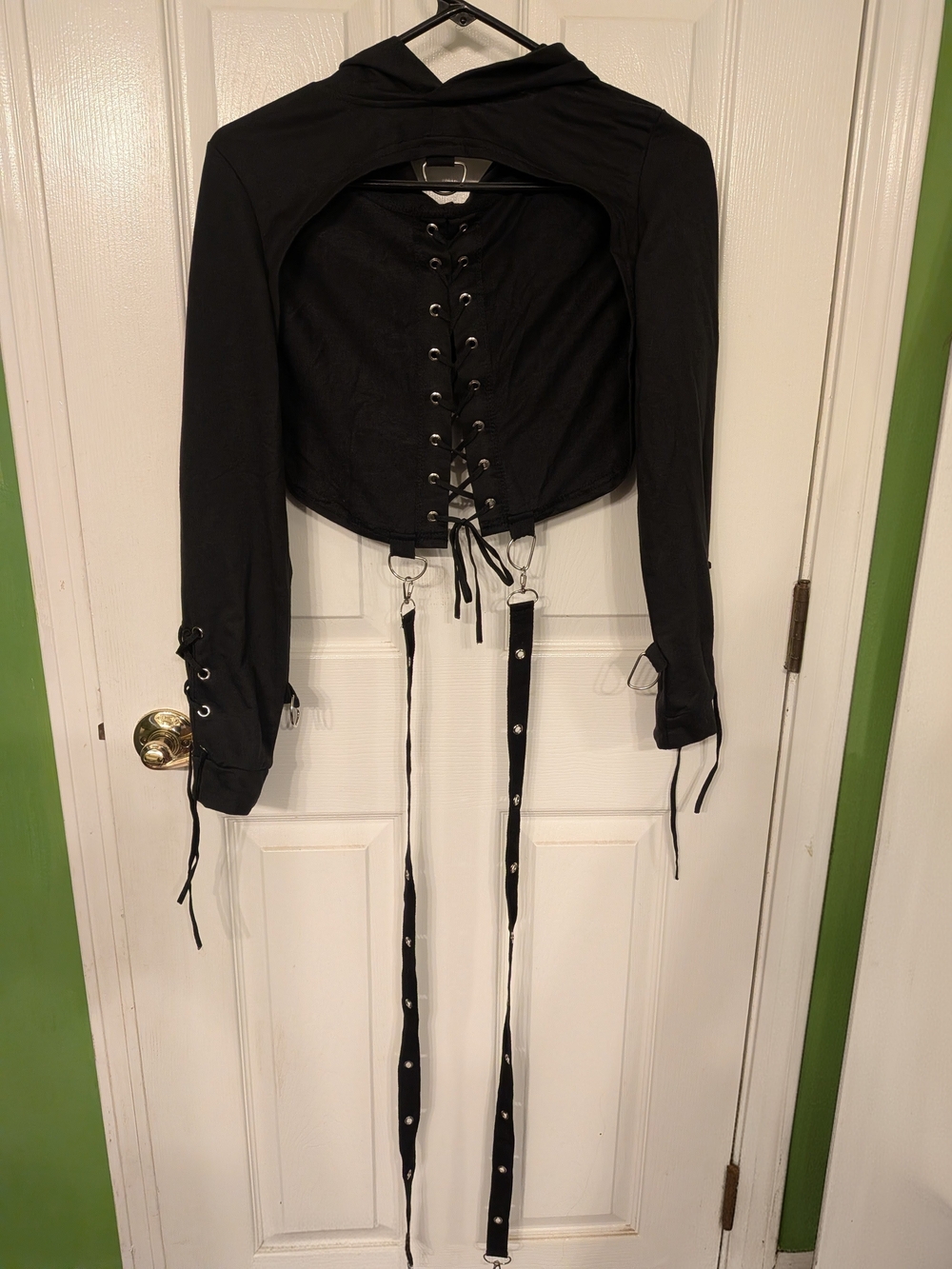 Black Lace-Up Long Sleeve Crop Top with Straps